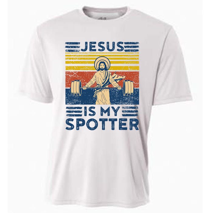 Funny Gym Jesus Is My Spotter Funny Workout Jesus Cooling Performance Crew T-Shirt