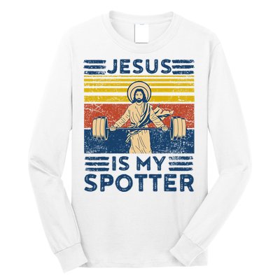 Funny Gym Jesus Is My Spotter Funny Workout Jesus Long Sleeve Shirt