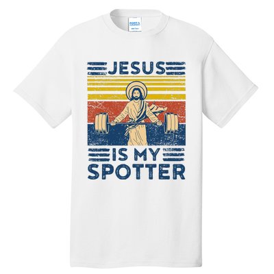 Funny Gym Jesus Is My Spotter Funny Workout Jesus Tall T-Shirt