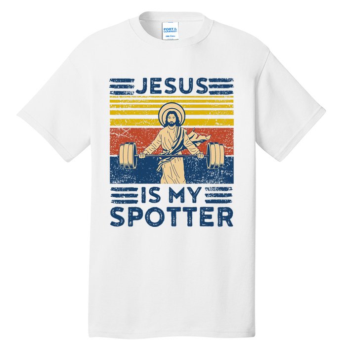 Funny Gym Jesus Is My Spotter Funny Workout Jesus Tall T-Shirt