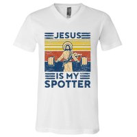 Funny Gym Jesus Is My Spotter Funny Workout Jesus V-Neck T-Shirt