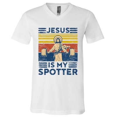 Funny Gym Jesus Is My Spotter Funny Workout Jesus V-Neck T-Shirt