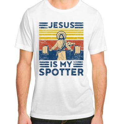 Funny Gym Jesus Is My Spotter Funny Workout Jesus Adult ChromaSoft Performance T-Shirt