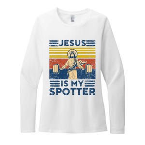 Funny Gym Jesus Is My Spotter Funny Workout Jesus Womens CVC Long Sleeve Shirt