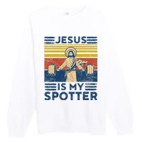 Funny Gym Jesus Is My Spotter Funny Workout Jesus Premium Crewneck Sweatshirt