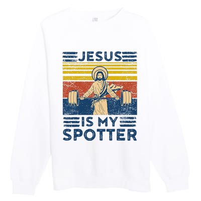 Funny Gym Jesus Is My Spotter Funny Workout Jesus Premium Crewneck Sweatshirt