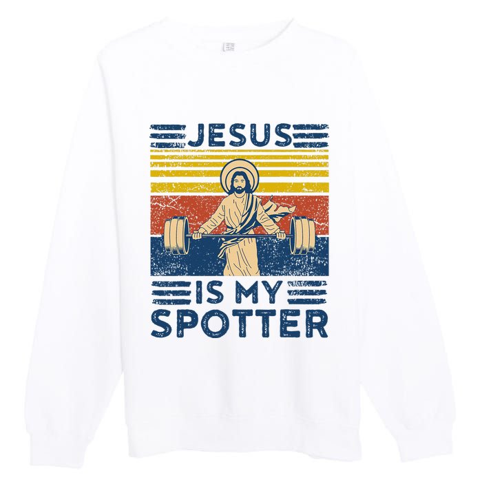 Funny Gym Jesus Is My Spotter Funny Workout Jesus Premium Crewneck Sweatshirt