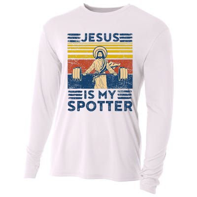 Funny Gym Jesus Is My Spotter Funny Workout Jesus Cooling Performance Long Sleeve Crew