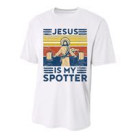 Funny Gym Jesus Is My Spotter Funny Workout Jesus Performance Sprint T-Shirt