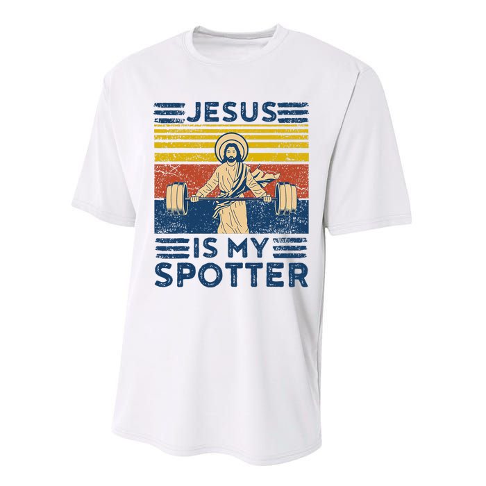 Funny Gym Jesus Is My Spotter Funny Workout Jesus Performance Sprint T-Shirt