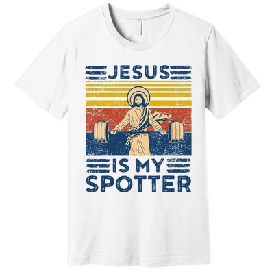 Funny Gym Jesus Is My Spotter Funny Workout Jesus Premium T-Shirt