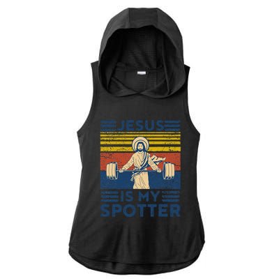 Funny Gym Jesus Is My Spotter Funny Workout Jesus Ladies PosiCharge Tri-Blend Wicking Draft Hoodie Tank