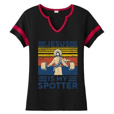 Funny Gym Jesus Is My Spotter Funny Workout Jesus Ladies Halftime Notch Neck Tee