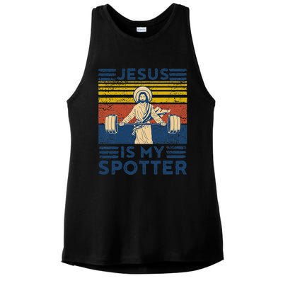 Funny Gym Jesus Is My Spotter Funny Workout Jesus Ladies PosiCharge Tri-Blend Wicking Tank