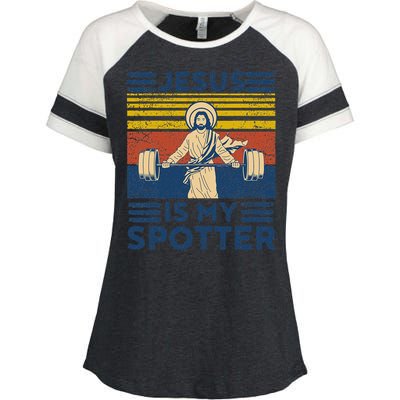 Funny Gym Jesus Is My Spotter Funny Workout Jesus Enza Ladies Jersey Colorblock Tee