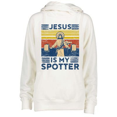 Funny Gym Jesus Is My Spotter Funny Workout Jesus Womens Funnel Neck Pullover Hood