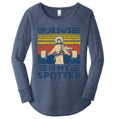 Funny Gym Jesus Is My Spotter Funny Workout Jesus Women's Perfect Tri Tunic Long Sleeve Shirt