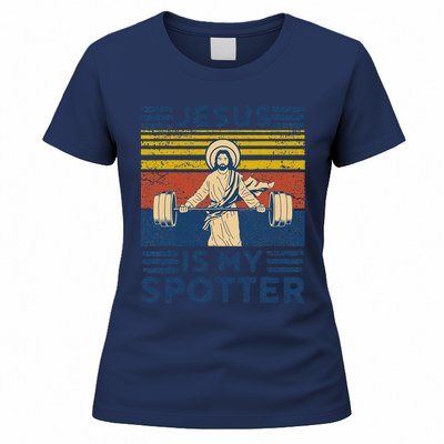 Funny Gym Jesus Is My Spotter Funny Workout Jesus Women's T-Shirt