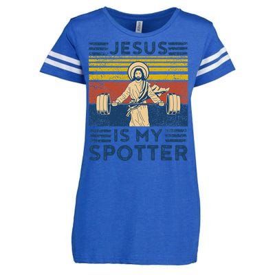 Funny Gym Jesus Is My Spotter Funny Workout Jesus Enza Ladies Jersey Football T-Shirt