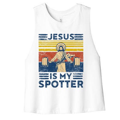 Funny Gym Jesus Is My Spotter Funny Workout Jesus Women's Racerback Cropped Tank