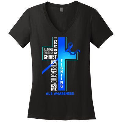 Faith God Jesus Christ ALS Warrior ALS Fighter ALS Awareness Women's V-Neck T-Shirt