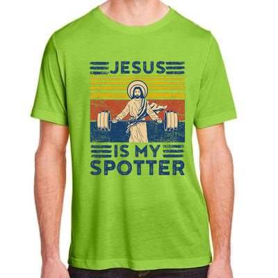 Funny Gym Jesus Is My Spotter Funny Workout Jesus Adult ChromaSoft Performance T-Shirt