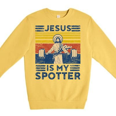 Funny Gym Jesus Is My Spotter Funny Workout Jesus Premium Crewneck Sweatshirt