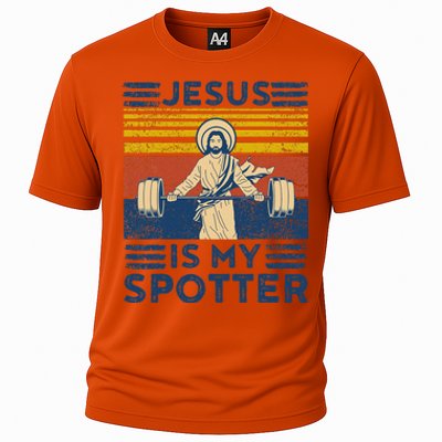 Funny Gym Jesus Is My Spotter Funny Workout Jesus Cooling Performance Crew T-Shirt