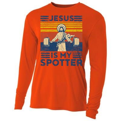 Funny Gym Jesus Is My Spotter Funny Workout Jesus Cooling Performance Long Sleeve Crew