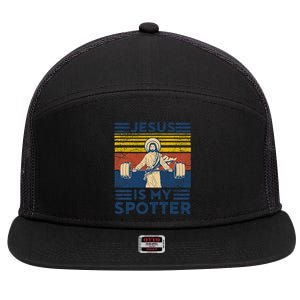 Funny Gym Jesus Is My Spotter Funny Workout Jesus 7 Panel Mesh Trucker Snapback Hat