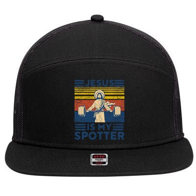 Funny Gym Jesus Is My Spotter Funny Workout Jesus 7 Panel Mesh Trucker Snapback Hat