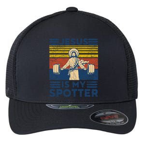 Funny Gym Jesus Is My Spotter Funny Workout Jesus Flexfit Unipanel Trucker Cap