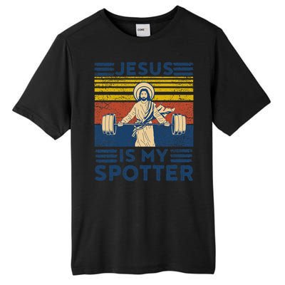 Funny Gym Jesus Is My Spotter Funny Workout Jesus Tall Fusion ChromaSoft Performance T-Shirt