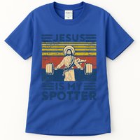 Funny Gym Jesus Is My Spotter Funny Workout Jesus Tall T-Shirt