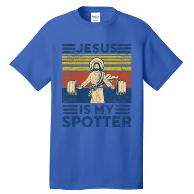 Funny Gym Jesus Is My Spotter Funny Workout Jesus Tall T-Shirt