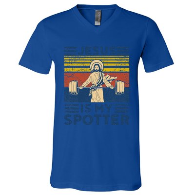 Funny Gym Jesus Is My Spotter Funny Workout Jesus V-Neck T-Shirt