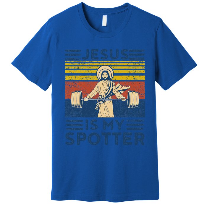 Funny Gym Jesus Is My Spotter Funny Workout Jesus Premium T-Shirt