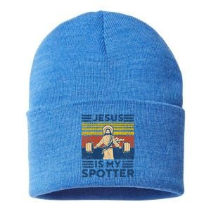 Funny Gym Jesus Is My Spotter Funny Workout Jesus Sustainable Knit Beanie