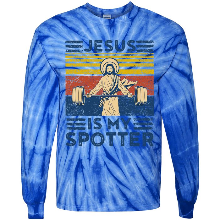 Funny Gym Jesus Is My Spotter Funny Workout Jesus Tie-Dye Long Sleeve Shirt