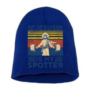 Funny Gym Jesus Is My Spotter Funny Workout Jesus Short Acrylic Beanie