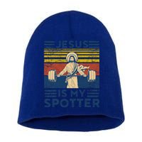 Funny Gym Jesus Is My Spotter Funny Workout Jesus Short Acrylic Beanie