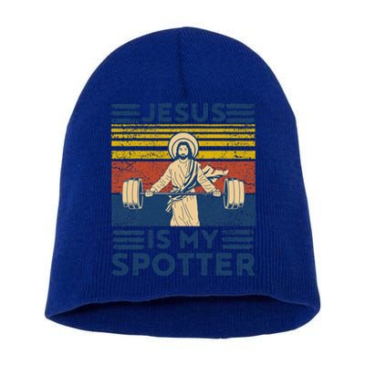 Funny Gym Jesus Is My Spotter Funny Workout Jesus Short Acrylic Beanie