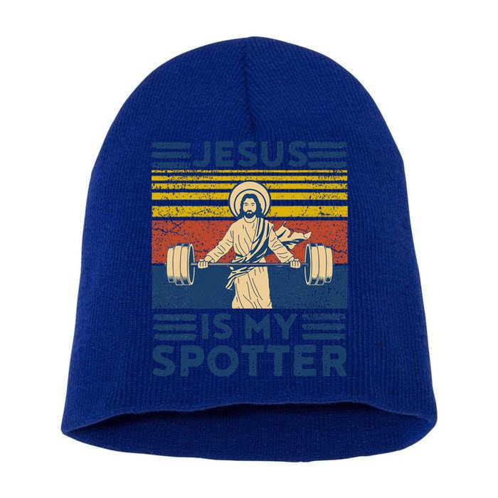 Funny Gym Jesus Is My Spotter Funny Workout Jesus Short Acrylic Beanie