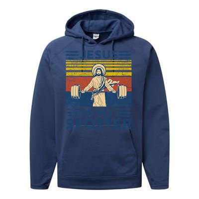 Funny Gym Jesus Is My Spotter Funny Workout Jesus Performance Fleece Hoodie