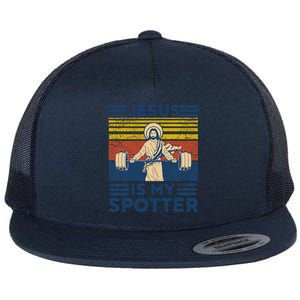 Funny Gym Jesus Is My Spotter Funny Workout Jesus Flat Bill Trucker Hat