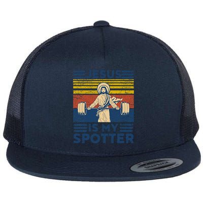 Funny Gym Jesus Is My Spotter Funny Workout Jesus Flat Bill Trucker Hat