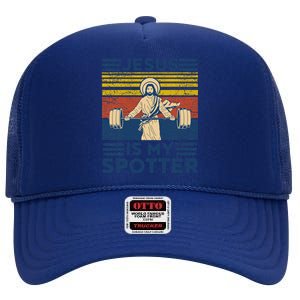 Funny Gym Jesus Is My Spotter Funny Workout Jesus High Crown Mesh Back Trucker Hat