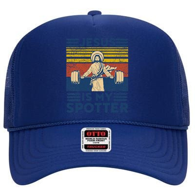 Funny Gym Jesus Is My Spotter Funny Workout Jesus High Crown Mesh Back Trucker Hat