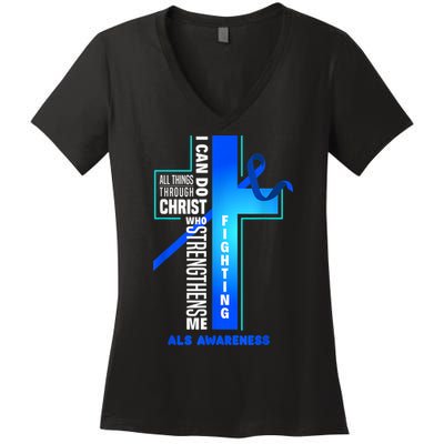 Faith God Jesus Christ ALS Warrior ALS Fighter ALS Awareness Women's V-Neck T-Shirt