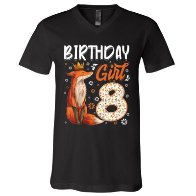 Funny Gift Kids Fox Animal Lovers 8th Birthday Girl Fox Bday 8 Year Old Gift V-Neck T-Shirt